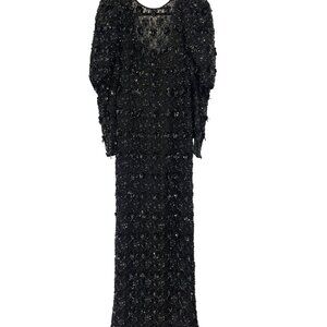 Vintage Oleg Cassini Black Tie Womens Gown Dress Size 12 Black Lace Sequin Beads